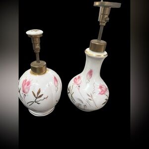SET OF VINTAGE WALES MILK GLASS PERFUME BOTTLES WITH FLORAL PATTERN